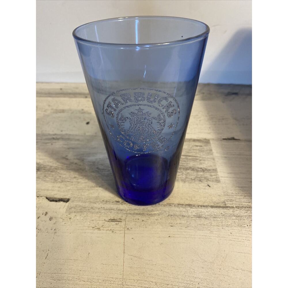 Starbucks Cobalt Blue Glass Pint Glass Raised Textured Siren Logo‎ Frappuccino